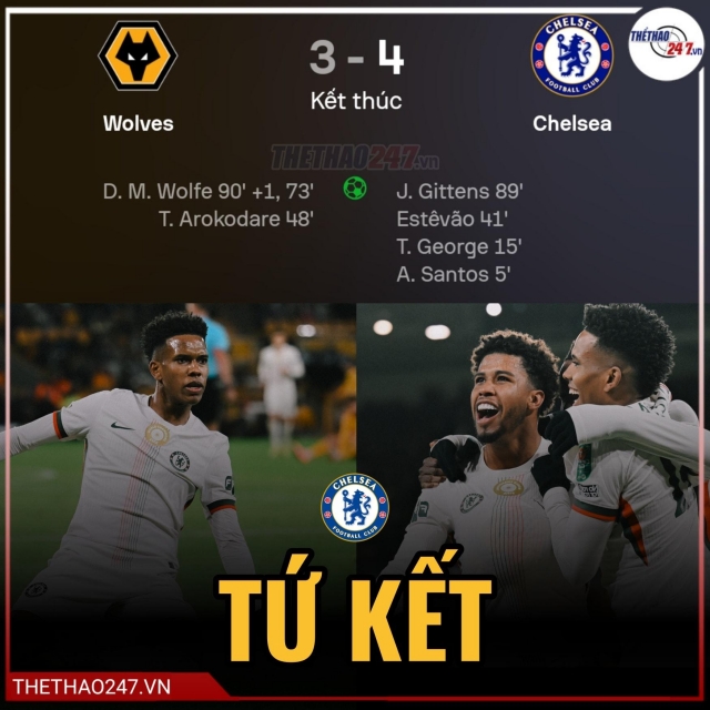 Hàng công Chelsea bùng nổ trong trận thắng Wolves 4-3